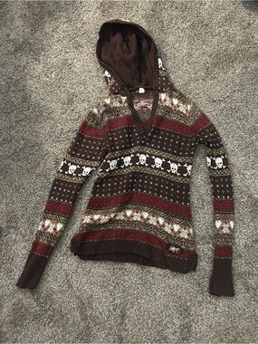 Grunge Brown Hooded Fair Isle Knit Sweater with Skulls